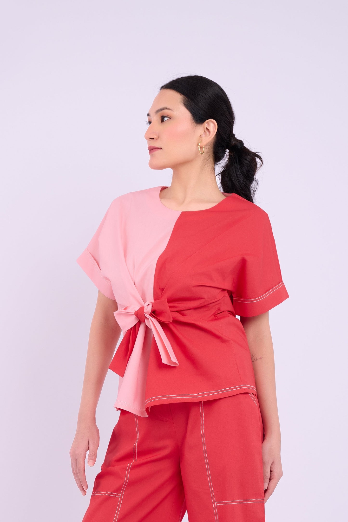 Nadine Tie Top - Red and Light Pink