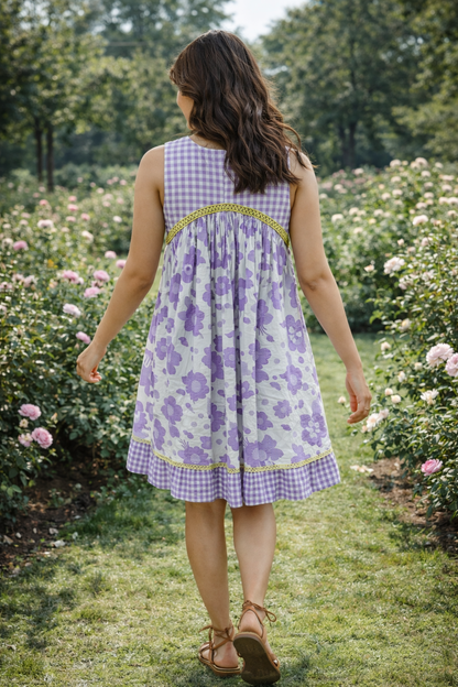 Enzo Reversible Dress - Purple Floral + Purple Checks