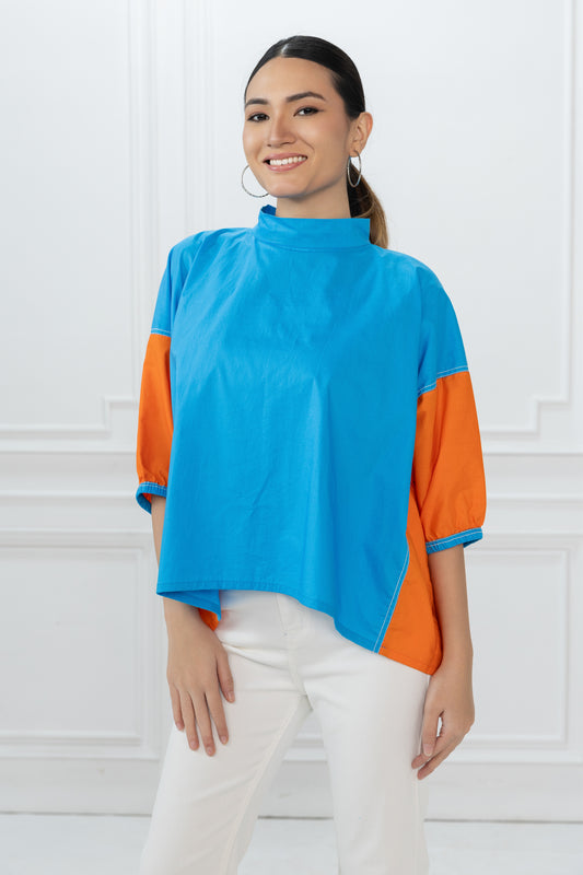 Gina Top - Azure Blue and Orange