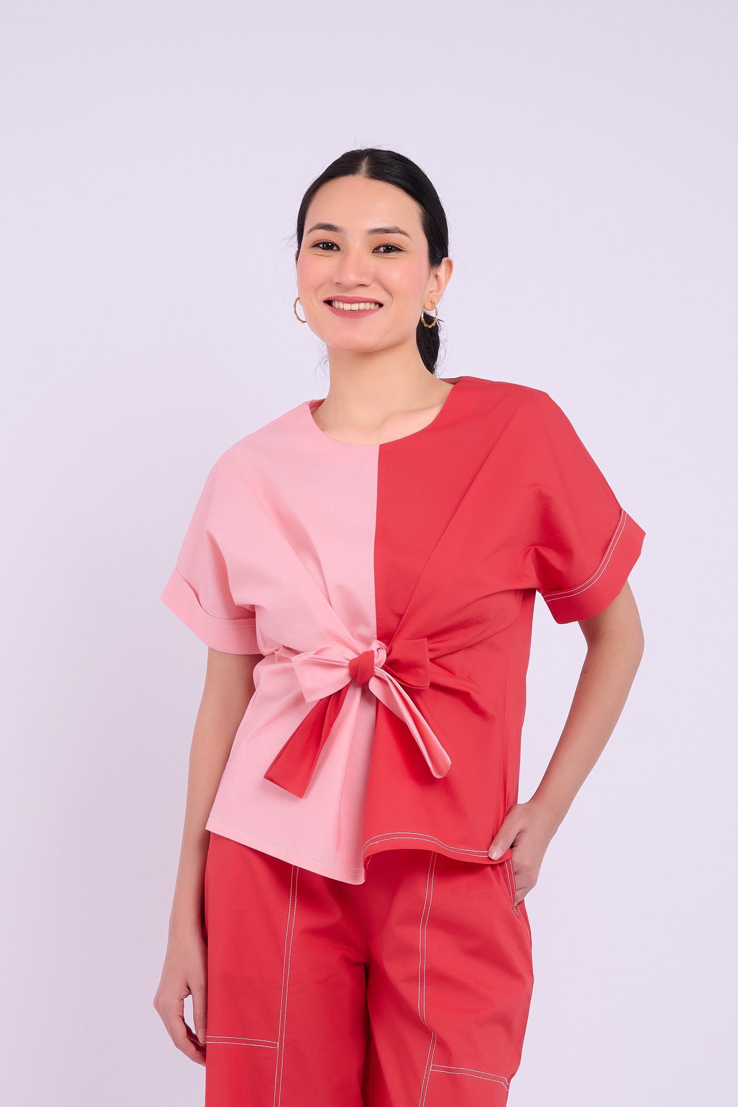Nadine Tie Top - Red and Light Pink