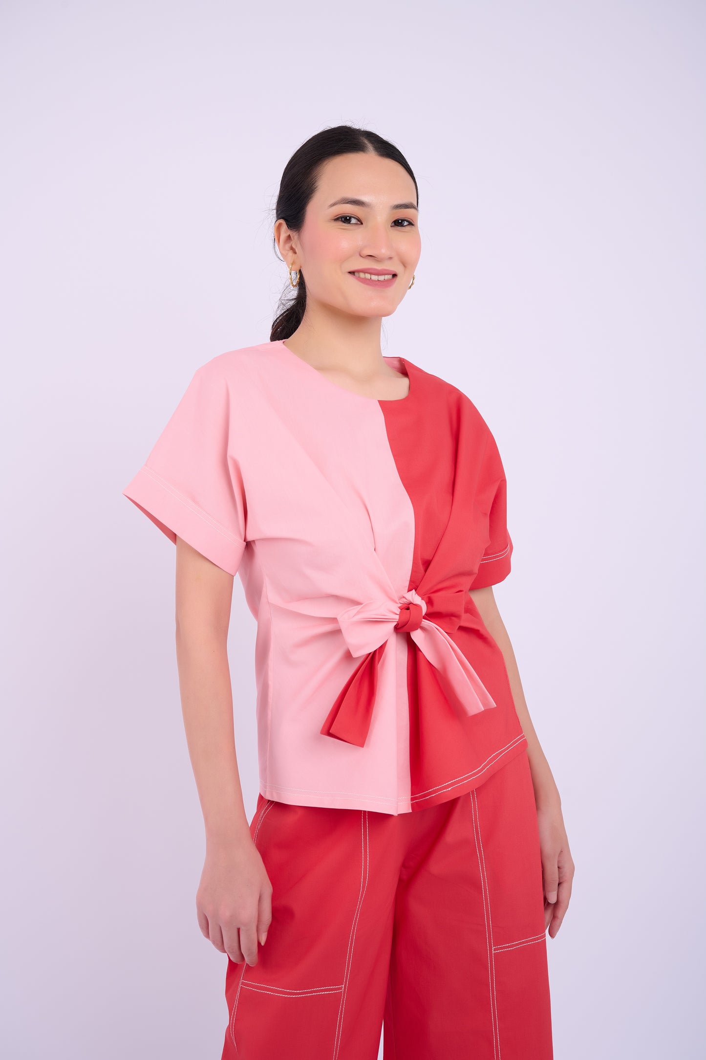Nadine Tie Top - Red and Light Pink