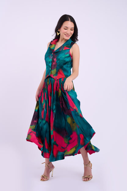 Andi Crepe Skirt  Set - Abstract Green